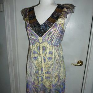 ONE WORLD sexy multicolor beaded v- neck w/ ruffles stretchy dress Sz S